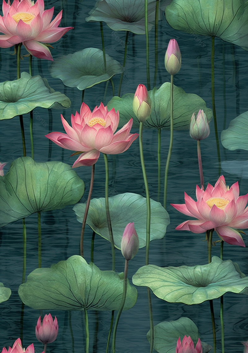 自然的池塘里的荷花与荷叶自然插画壁纸背景,插画/手绘图,插画/手绘图库,插画/手绘图下载,插画/手绘